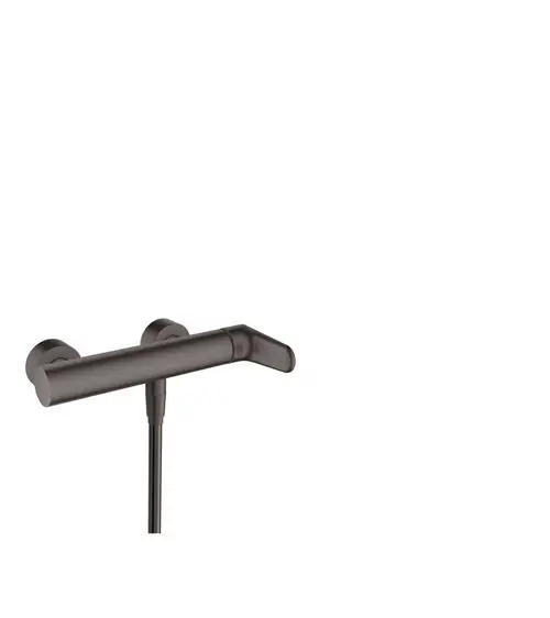 AXOR Einhebel-Brausemischer in gebürstetem Schwarzchrom, montiert an der Wand, mit einem schlanken, geraden Auslauf und zwei seitlichen Halterungen.